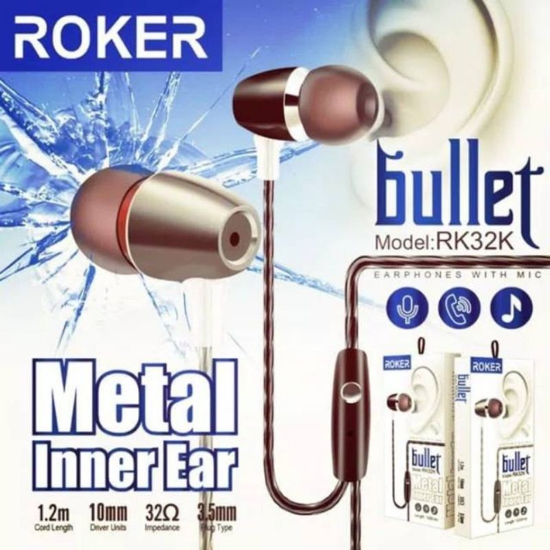 HEADSET ROKER BULLET RK32K ORIGINAL HANDSFREE EARPHONE ROKER RK32K BULLET METAL INNER EAR ORIGINAL