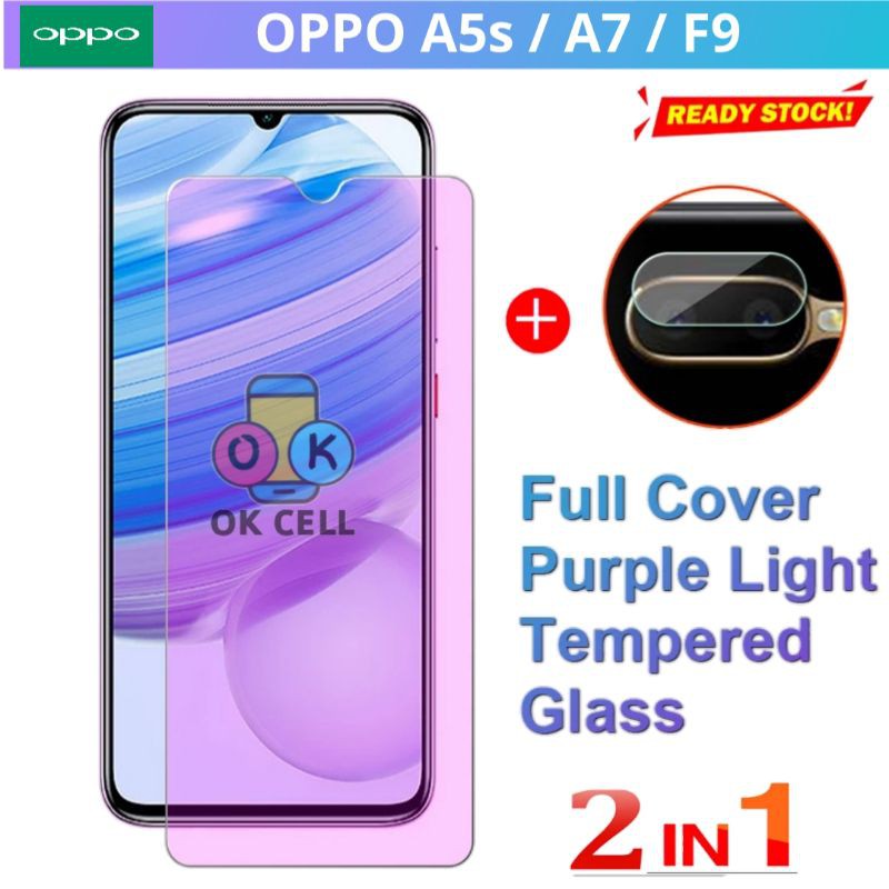 2in1- Tempered Glass Anti Gores Blue Light Oppo A5s A7 F9 TG Anti Gores Radiasi Full Layar Kamera