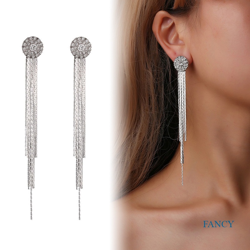 Anting Gantung Panjang Model Rumbai Dengan Berlian Untuk Wanita