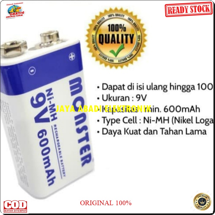 G265 Monster ori 100 % rechargeable baterai 9V kotak baterry 9 volt batu cas casan charger elektronik batere batray mainan universal multifungsi mic mik ni-mh battery original G265   1500 TIMES RECHARGE  BATERAI CAS 300 MAH 6F22  BISA SEGALA JENIS ELEKTRO