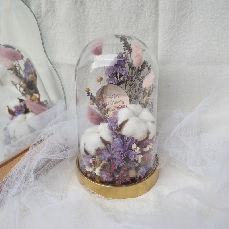 Double Cotton Flower Dome with custom topper / Bunga dalam Kubah Kaca / Flower Glass Dome