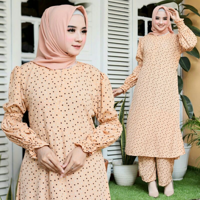 ST Set Stelan Atasan Tunik Celana Kulot Wallpeach Polka