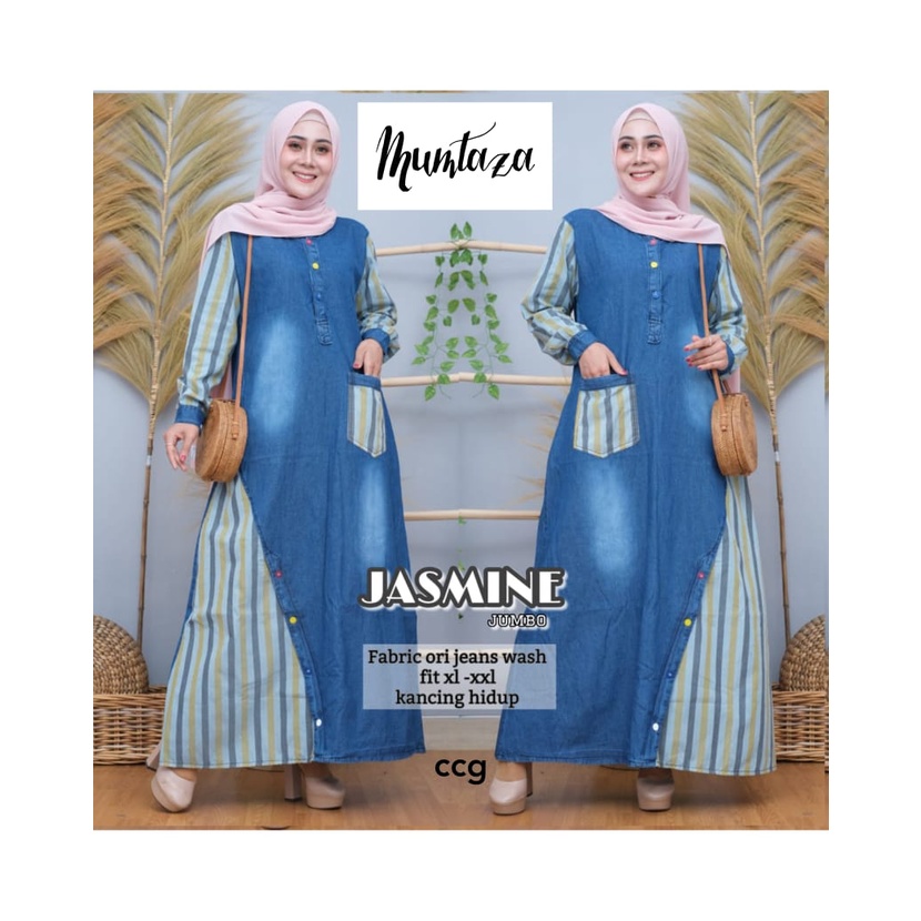 Gamis Jasmine Jumbo Jeans, Dress Jeans Wash, Gamis Syari, Gamis Lepis Jeans Wanita.
