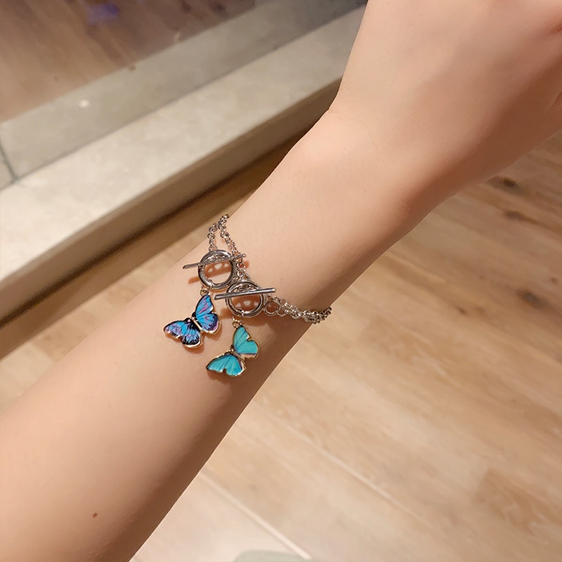 Gelang Tangan Rantai Aksen Kupu-Kupu Biru Simple Ala Harajuku / Retro Untuk Wanita