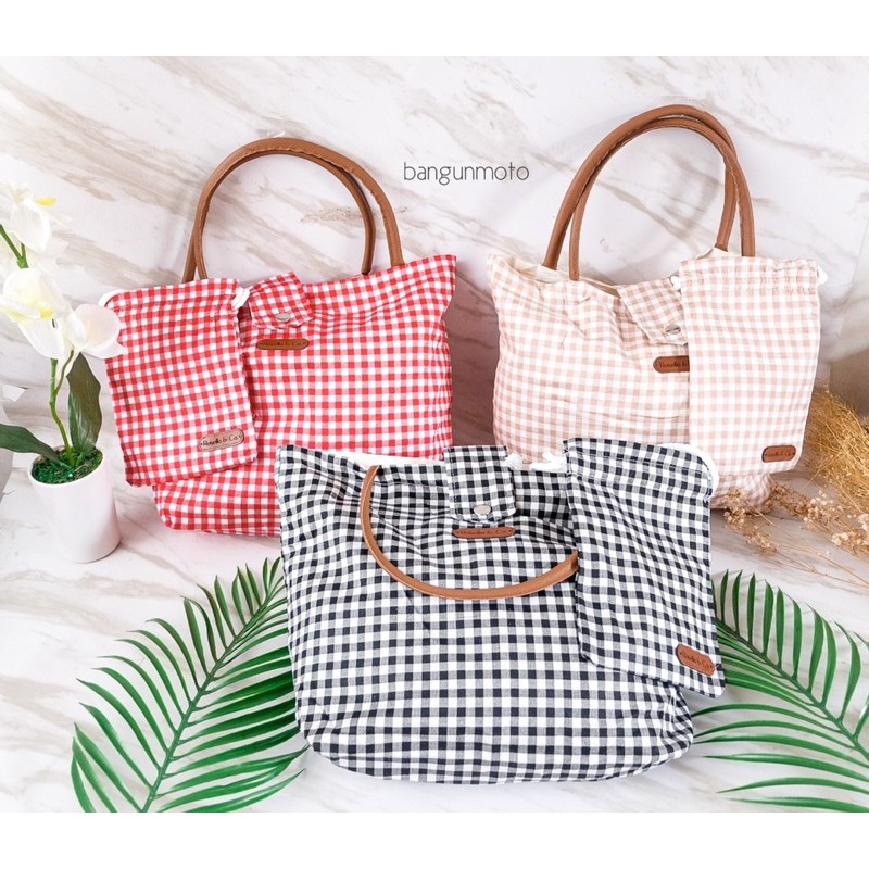 Gingham Totebag 40x30 free pouch 20x15