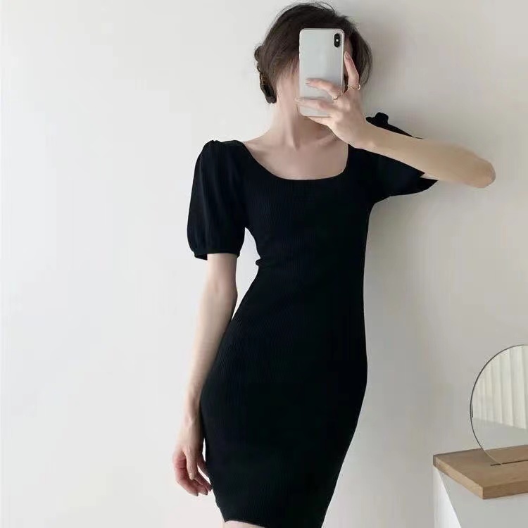 【Elegant】Korean Vintage Square Neck Solid Color Mini Dress 7475