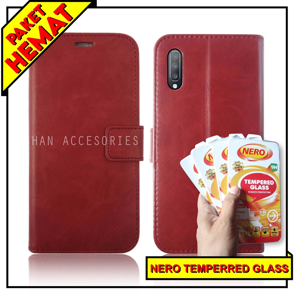 (PAKET HEMAT) Fashion Selular Flip Leather Case Samsung Galaxy A30S/A50S/A50 Flip Cover Wallet Case Flip Case + Nero Temperred Glass