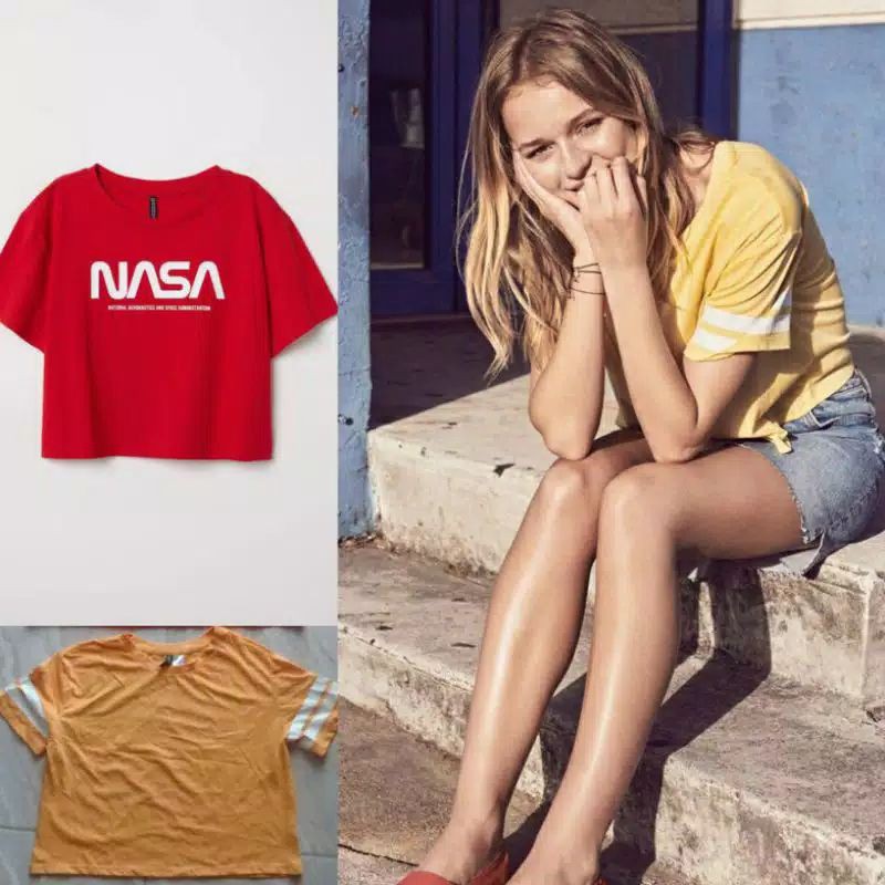 KAOS CROP TOP NASA WANITA H*M CROP TEE BRANDED ORIGINAL MURAH MERAH RED YELLOW STRIPED MALL HM ORI