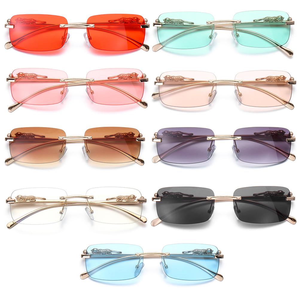 R-flower Rimless Rectangle Sunglasses Retro UV400 Kacamata Cheetah Dekorasi