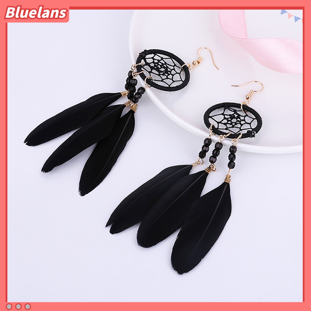 Anting Kait Gantung Desain Dream Catcher Hollow Hias Manik-Manik Bulu Gaya Bohemia Untuk Wanita