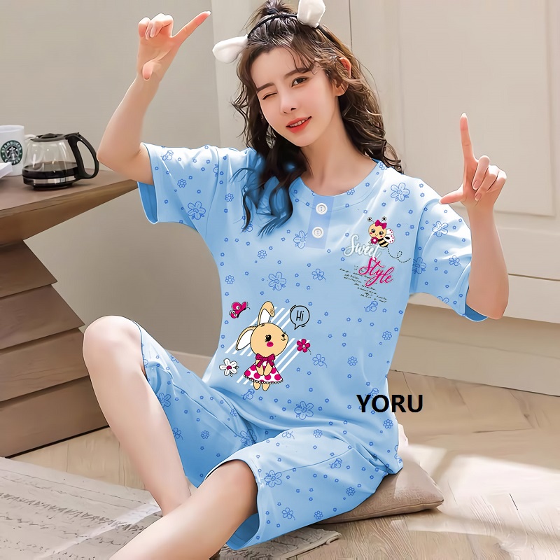Pamelo.id Stelan C3/4 Baby Doll / Suplier Sleep Wear / Baju Tidur Wanita kaos Katun / Stelan Baju Tidur Murah Produk Terlaris Set HP-BunStyle biru