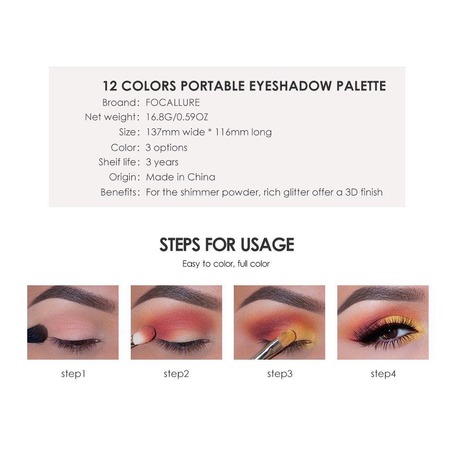 FA50 FOCALLURE Sunset, Burning, So Hot Eyeshadow Palette 12 Colours(100% Original, BPOM Certified)