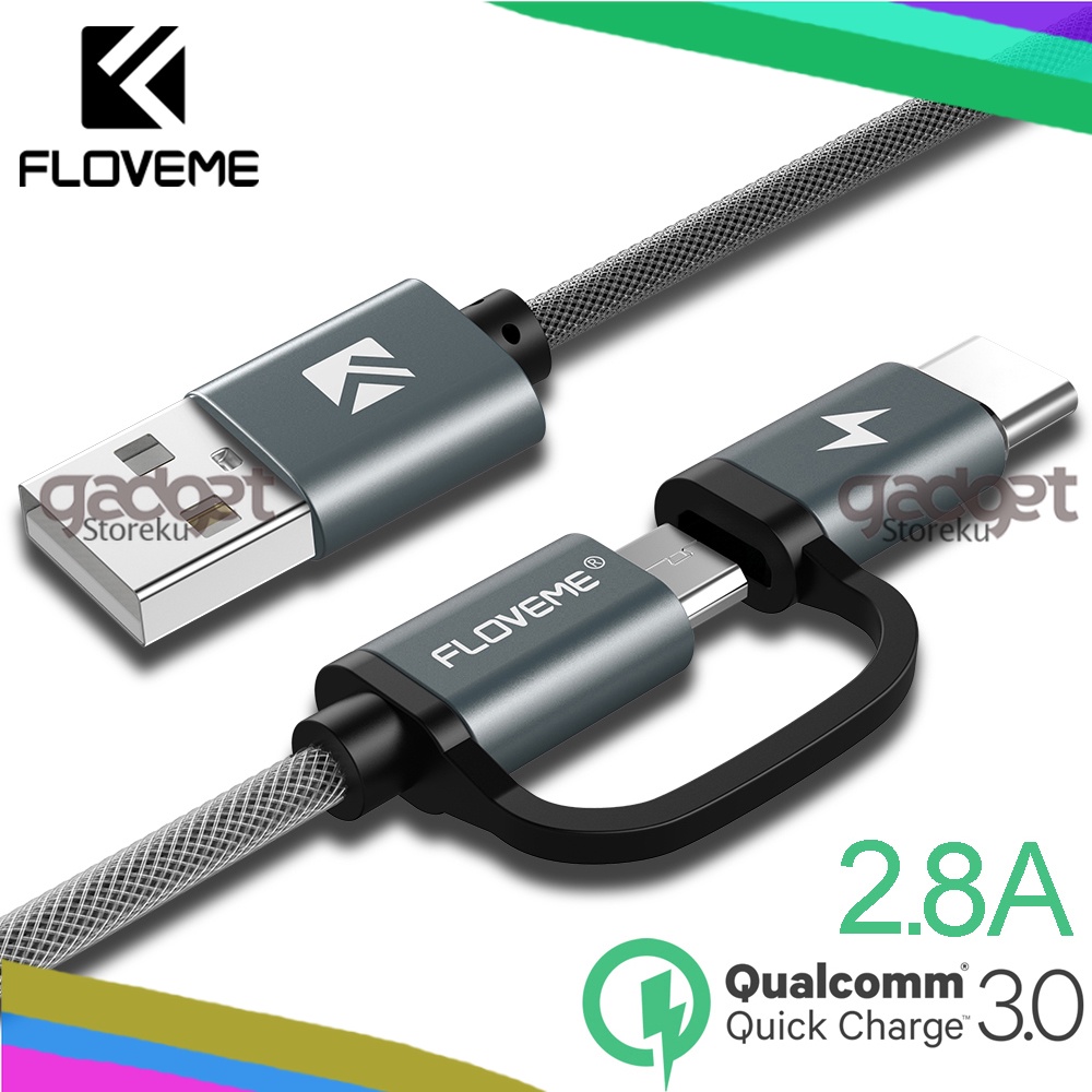 Kabel Charger 2 in 1 Micro USB + USB Type C QC3.0 2.8 A 100 cm