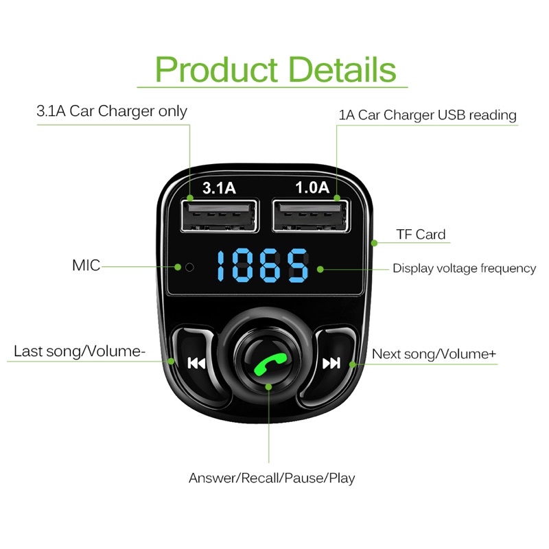 Bluetooth Audio Receiver FM Transmitter Handsfree with USB Car Charger - HY-82 - Black