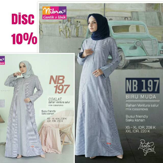 Original Gamis Nibras NB 197 Dress Wanita Syari Casual Salur Modern Branded Terbaru Promo Murah