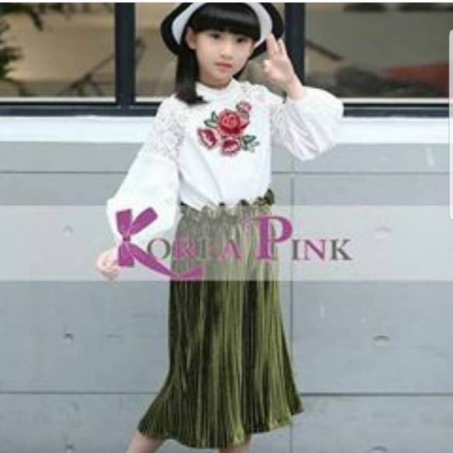 set baju anak Setelan rok plisket anak korea pink 3-5 tahun