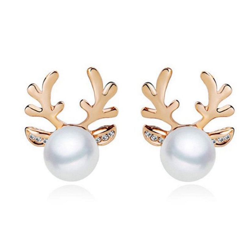 Anting Stud Desain Rusa Natal Aksen Mutiara Gaya Elegan Untuk Wanita