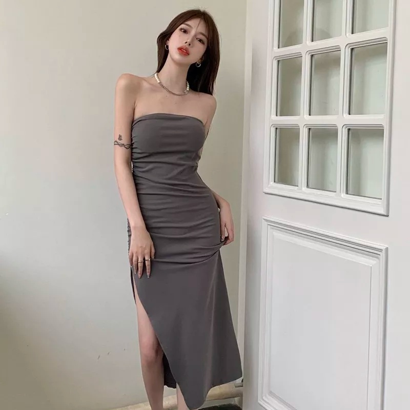 Sexy Midi Dress Open Shoulder With Side Slit Midi Dress Bahu Terbuka Celah Samping 1501 (S-XL)