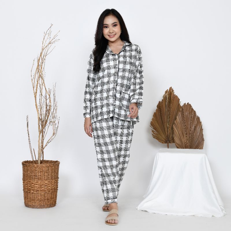 Baju Tidur Piyama Wanita/Cewek Pajamas Dewasa Katun Motif Kotak Kerlita PP Lengan Panjang Kekinian