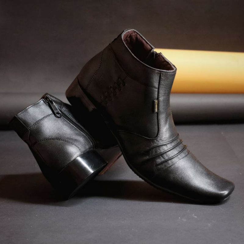 BADAMI BLACK Sepatu Pantofel Zipper Resleting Pria Kulit Asli Tinggi Lancip