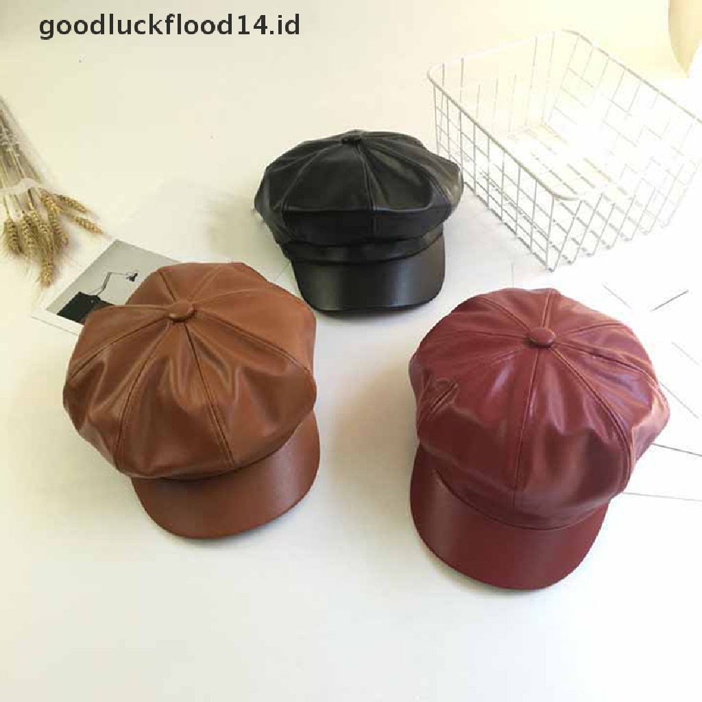 Topi Kasual Bentuk Octagonal Bahan Kulit PU Warna Solid Gaya Vintage Untuk Wanita