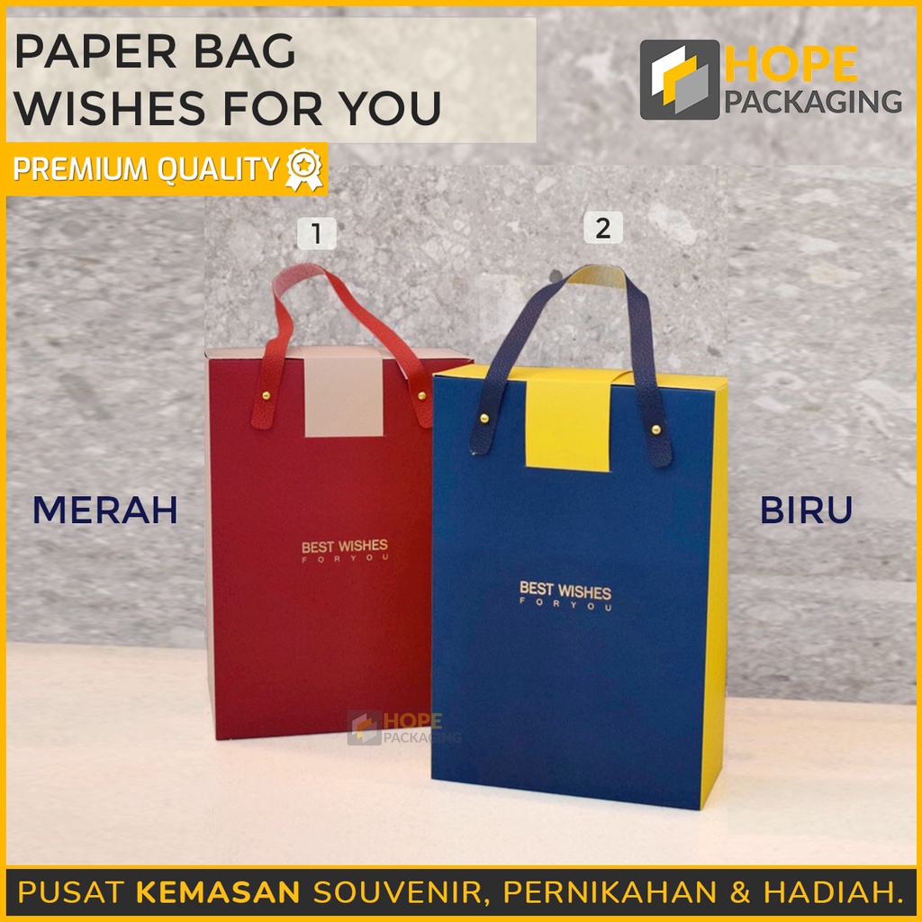 Paper bag tulisan wishes for you Ukuran 17 cm x  7,5 cm x 25 cm tas hadiah / kado / tas belanja / goodiebag hampers