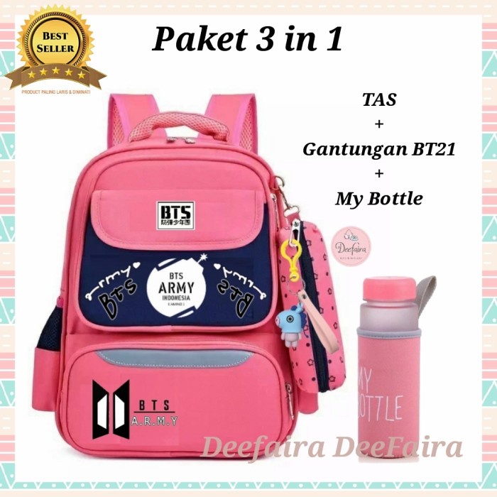 COD - Tas Sekolah Wanita BTS Army Backpack Anak Perempuan Plus BT21 Botol - Pink Navy