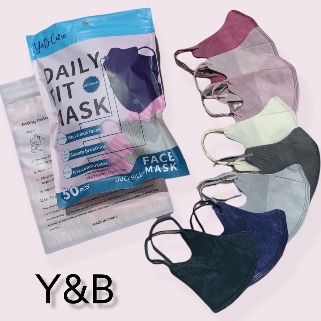 DB YB CARE MIX EMBOS RAINBOW 50 - MASKER DUCKBILL Y&amp;B CARE EMBOS KOREA EARLOOP 3PLY GARIS WARNA PUTIH HITAM ABU