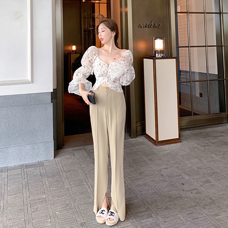 Shifon blus puff lengan tipis off-shoulder square collar floral chiffon shirt wanita kemeja pe