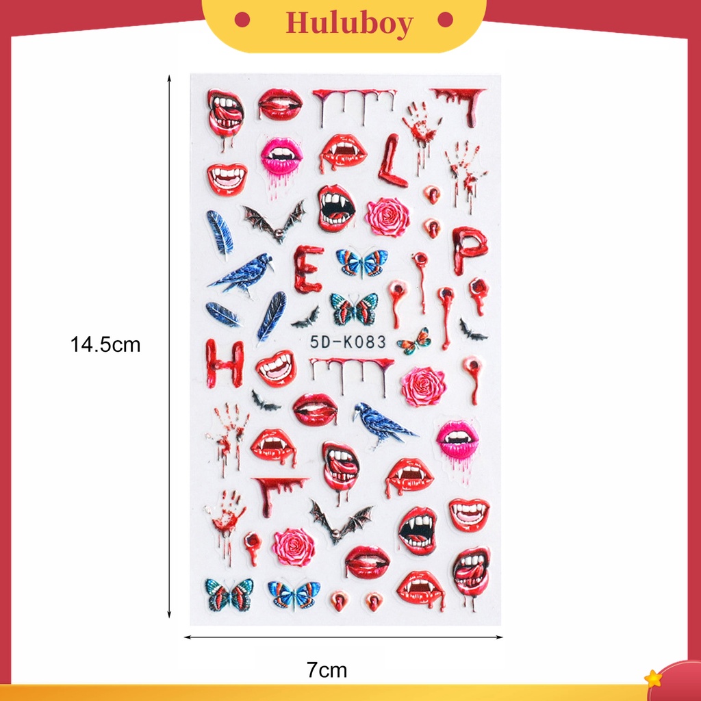 Huluboy Huluboy♡ Stiker Kuku Motif Ukir Luka Bibir Darah 5D Gaya Halloween Untuk Manicure Wanita