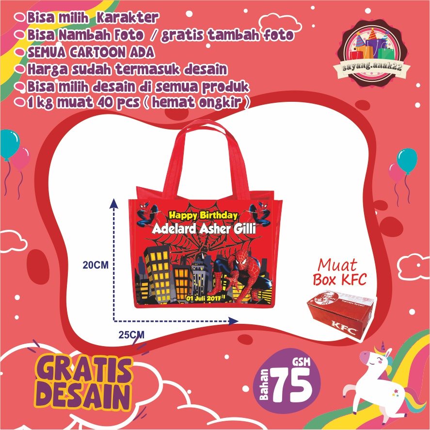 

Tas Ultah / Tas Ulang tahun Anak / Goodie Bag SPIDERMAN Bebas Custom / Bisa Tambah Foto dan Nama
