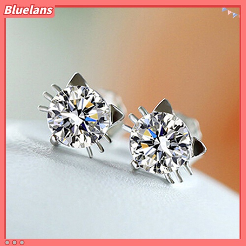 Anting Stud 925 Sterling Silver Bentuk Kucing Aksen Zirkon Untuk Perempuan