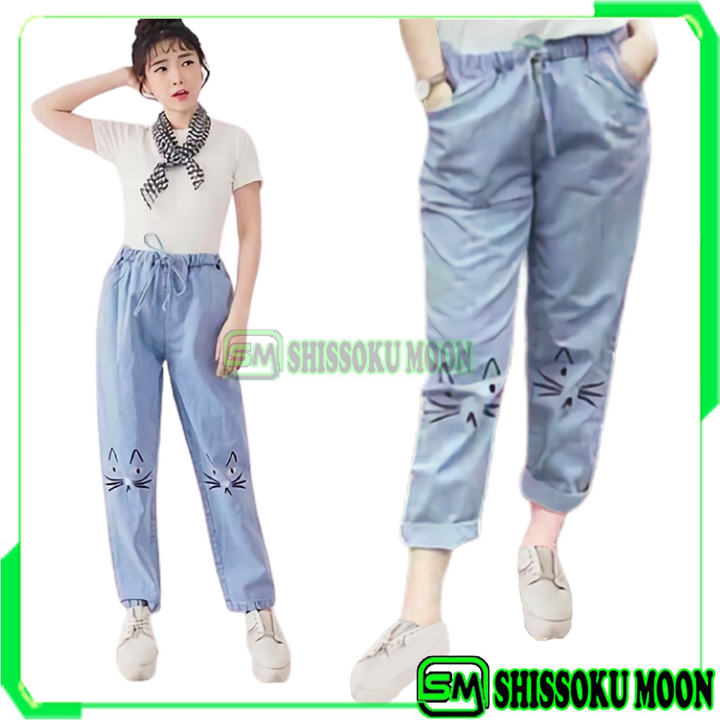 CELANA PANJANG BOYFRIEND  / BAGGY JEANS MOTIF BORDIR MEOW &amp; PANDA