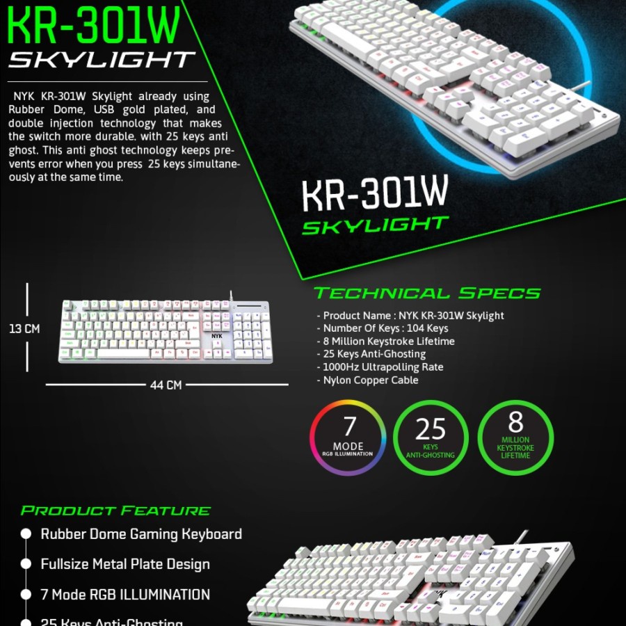 NYK KR301 / KR-301 Skylight White RGB Gaming Keyboard