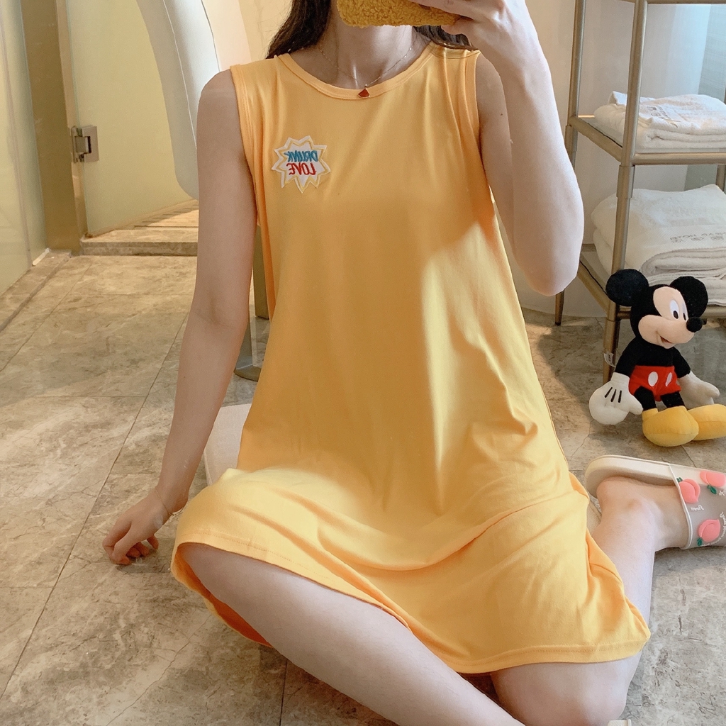 Gaun Piyama Tanpa Lengan Dengan Gambar Kartun Dan Warna Kuning Ber A Korea