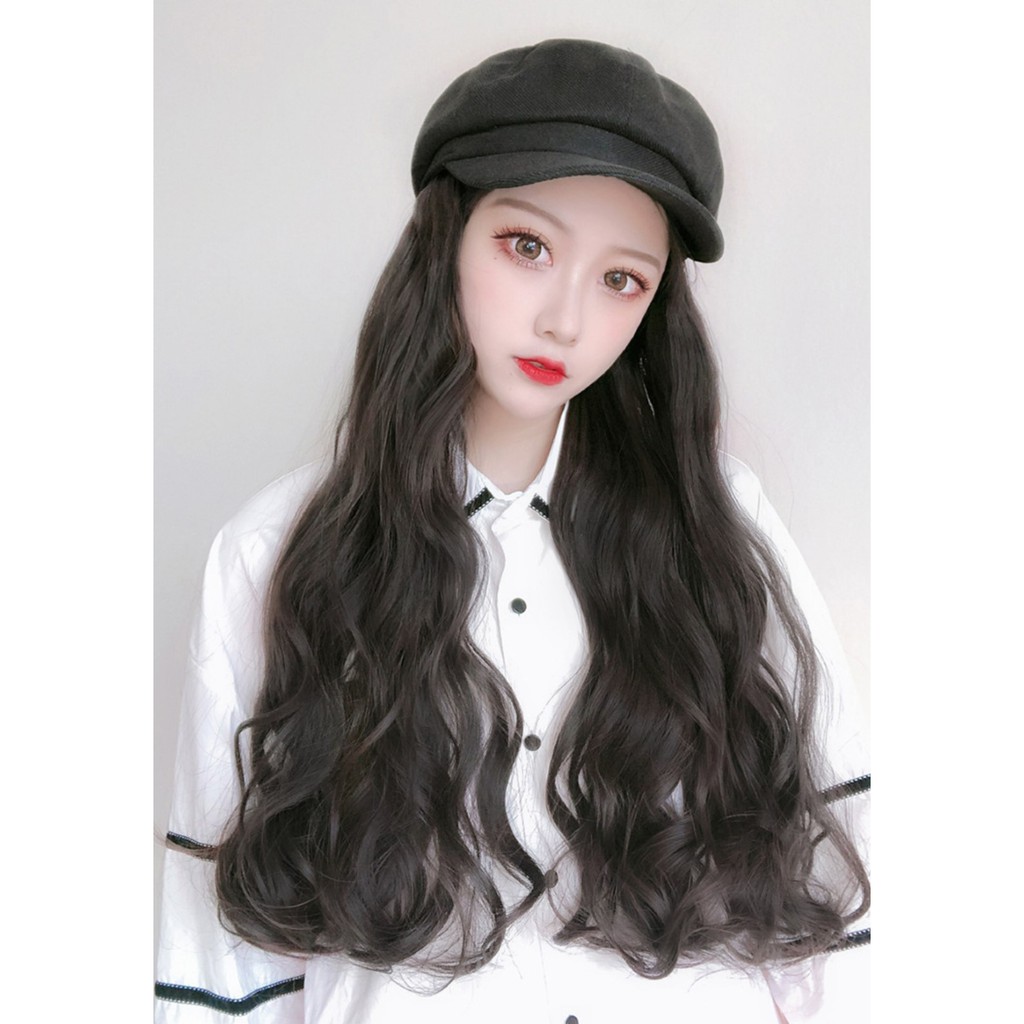 HTO wig topi octagonal baret beret panjang wig hat rambut palsu hair extension