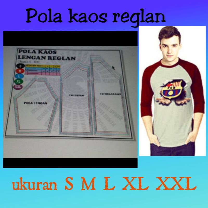 Pola baju Pola Kaos Raglan Dewasa Lengan  3/4  S - XXL