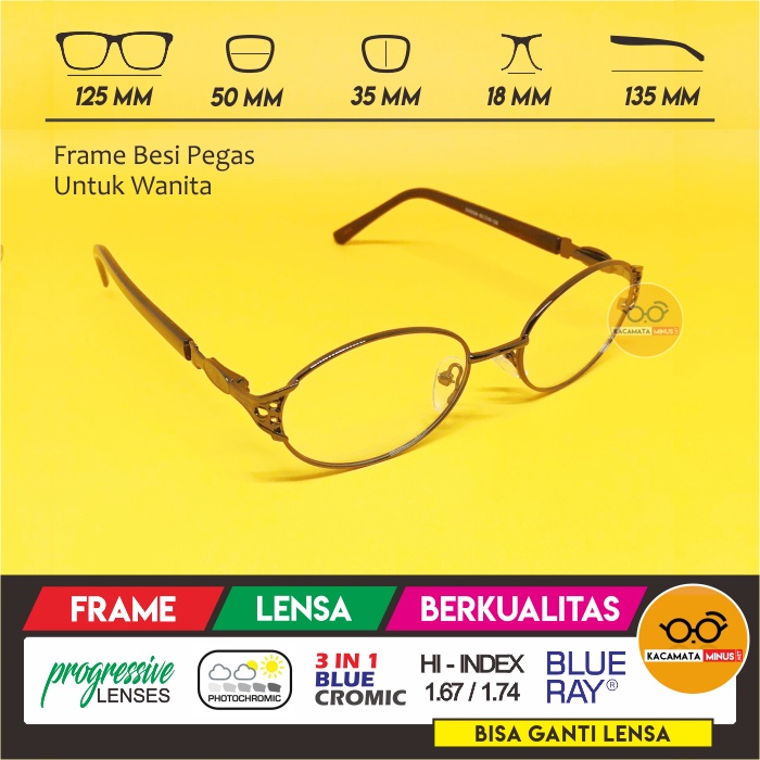 Kacamata Minus KM446 Frame Besi - Kacamata Wanita Besi Ada Pegas / Per Bulat Oval Kecil