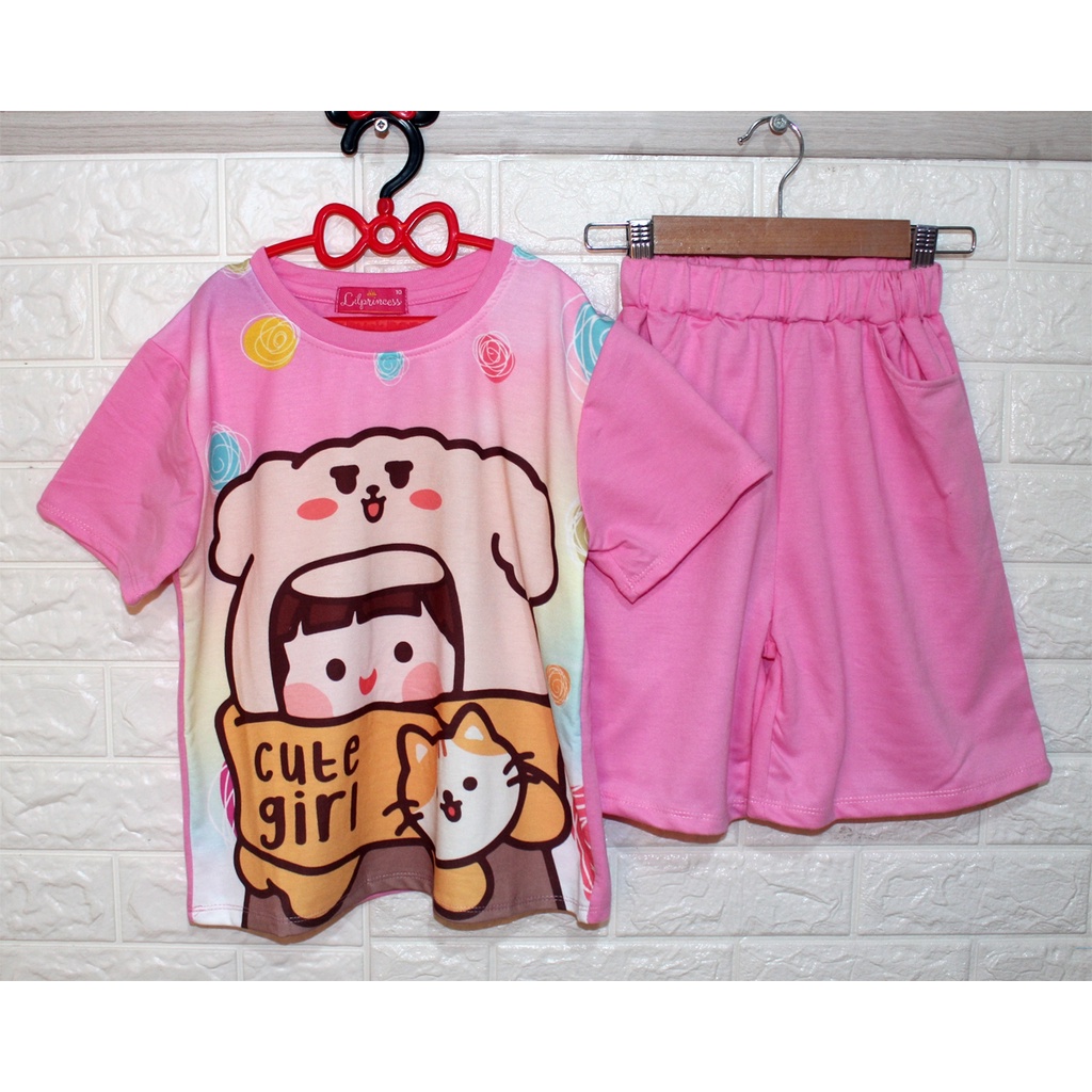 St Cute Girl 2in1/Setelan Anak Cewek/Kaos Anak Perempuan 7-9 Thn/Baju Dan Celana Murah Motif