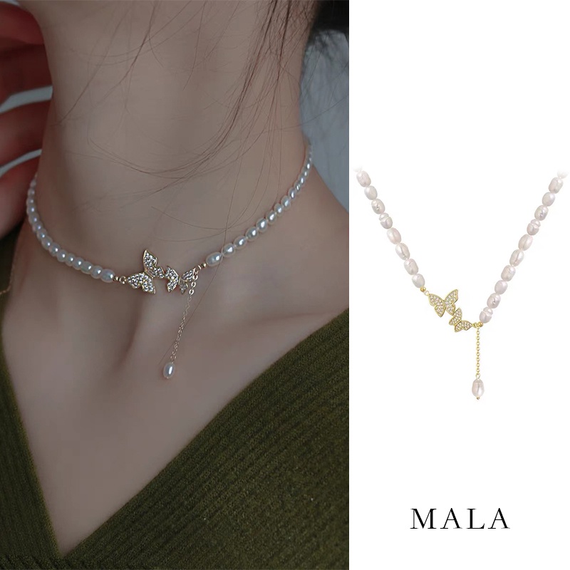 Kalung Choker Desain Kupu-Kupu Aksen Mutiara Gaya Korea