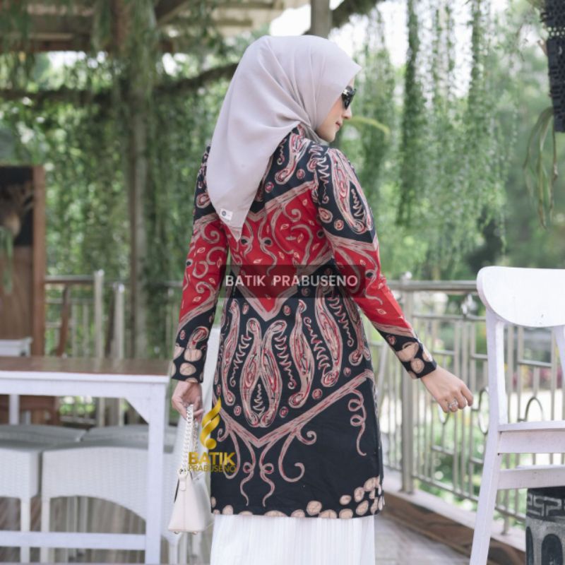Batik Prabuseno Original 100% Baju Wanita Motif Indira Merah Modern Premium Terbaru Lengan Panjang P