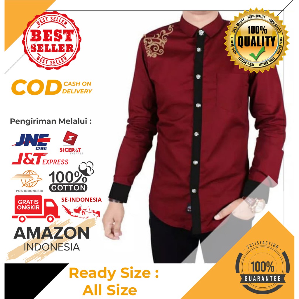 BAJU KOKO ATASAN PRIA MUSLIM WARNA MERAH MARUN BAHAN KATUN STRETCH LENGAN PANJANG STYLE CASUAL ORI