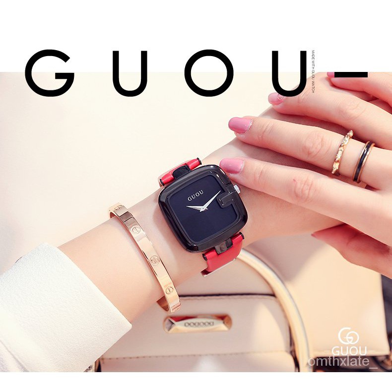 【Factory Outlet】GUOU Black Unique Square Watches for Women Big Face Dial 35MM Female Quartz Simple Ladies Wristwatch【COD】【100% Ori】【With box】