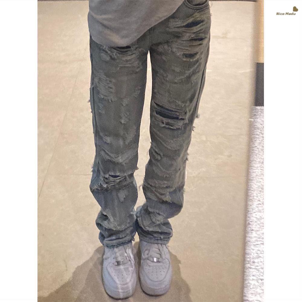 impor] Jeans retro style ripped jeans wanita awal musim gugur high street celana lurus longgar [diki