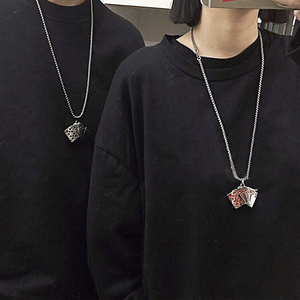 Hu Hu Hu Hu Hu Alat Bantu Pasang Kacamata♡ Kalung Rantai Panjang Liontin Kartu Poker Bahan Alloy Gaya Hip Hop Untuk Unisex