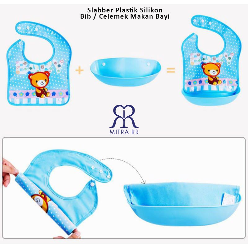 Bib Makan Bayi Slabber Silikon Plastik Waterproof / Celemek Makan Bayi Plastik Anti Air Dengan Tadah Makanan