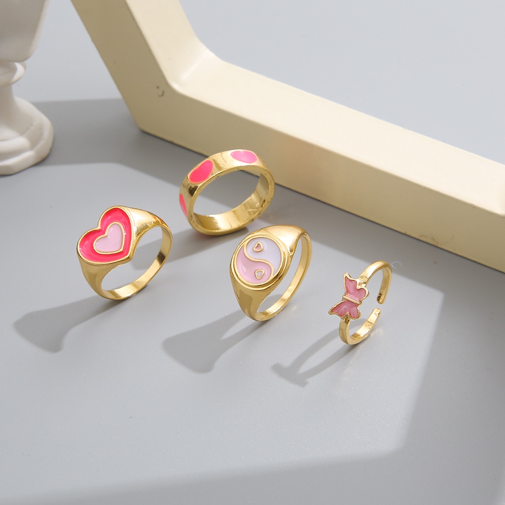 4pcs / Set Cincin Desain Kupu-Kupu Hati Warna Pink Untuk Wanita