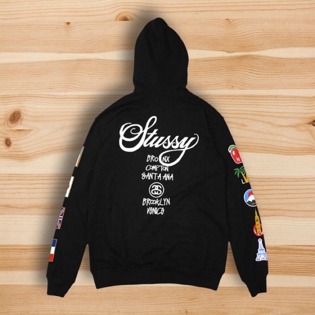 Hoodie Stussy World Wide Tour Flags Black
