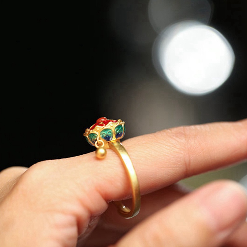 Cincin S925 Pure Silver Model Bunga Teratai Cloisonne Gaya Retro Untuk Wanita