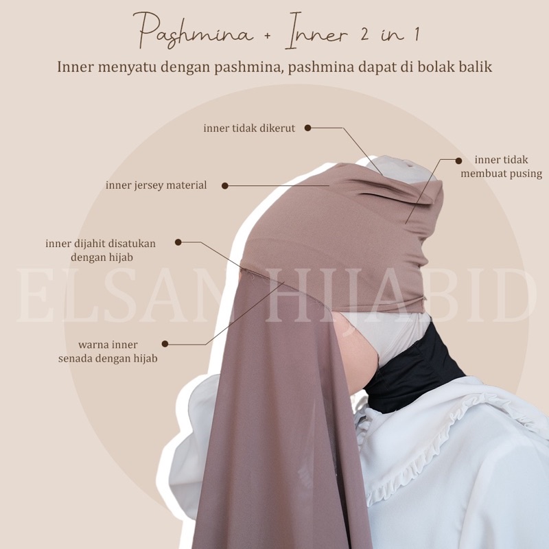 Pashmina + Inner 2in1 bisa bolak balik / pashmina ceruty inner